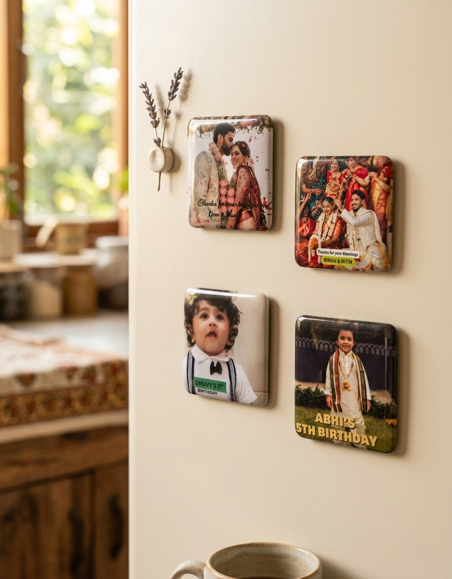 Photo magnets styled on a home fridge
