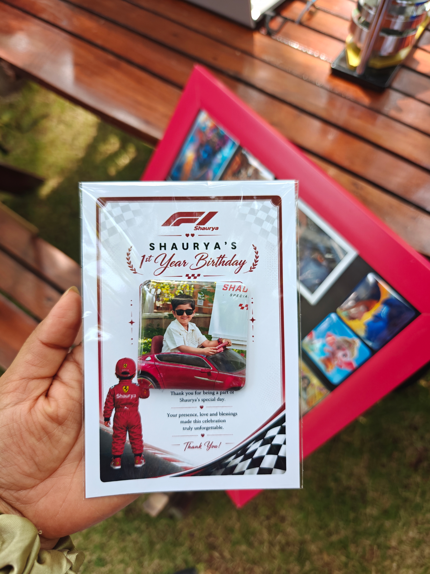 F1 themed 1st birthday photo magnet keepsake